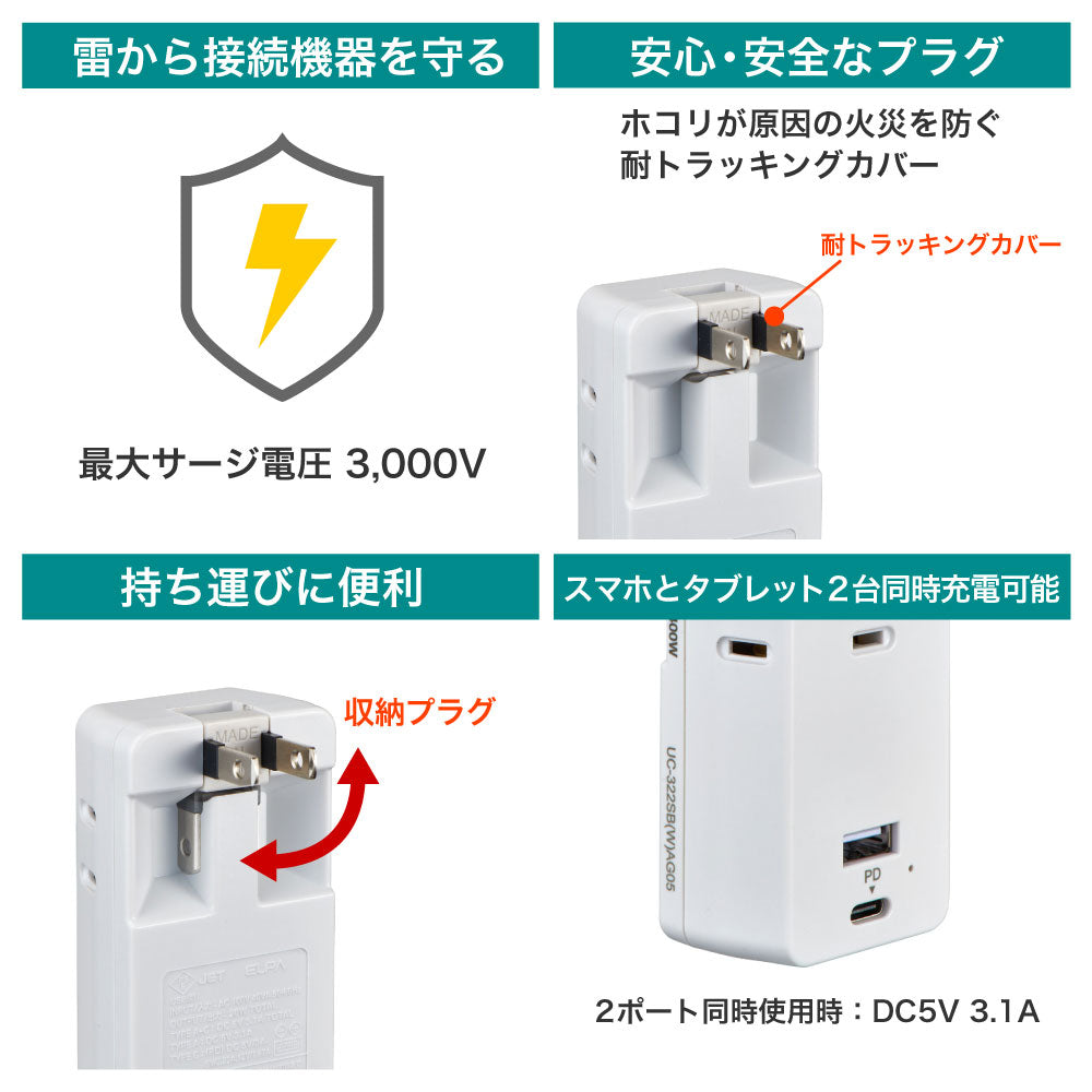 モバイル電源タップ AC3個口_USB-A×1 PD 20W対応USB-C×1 雷ガード ホワイト_UC-322SB(W)_ELPA(エルパ・朝日電器)