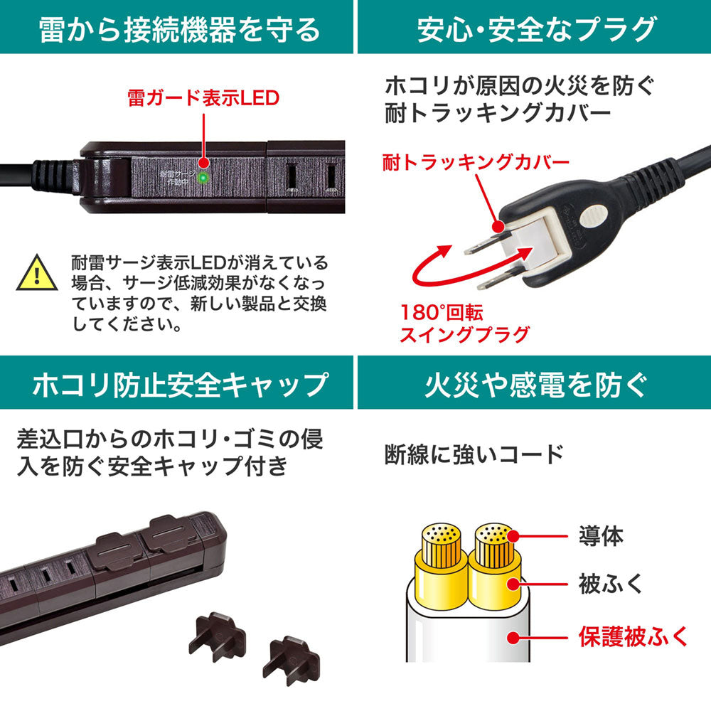 スリム回転タップ 雷ガード AC4個口 コード長2m ウッド_WBS-SL402SB(WD)_ELPA(エルパ・朝日電器)