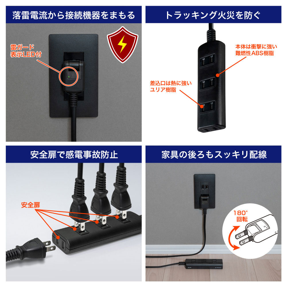 電源タップ AC 4個口 コード長 5m 雷ガード ほこりガード ブラック_WBT-N4050SB(BK)_ELPA(エルパ・朝日電器)