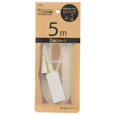 コード付スリムタップ(3個口/5m/ストレートプラグ/ホワイト)_00-1594_HS-T35-PBT22_OHM(オーム電機)