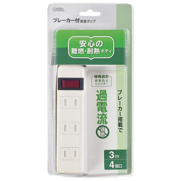 ブレーカー・シャッター付 安全タップ(4個口/3m/ホワイト)_00-5034_HS-TV43S-W_OHM オーム電機