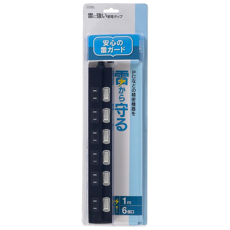 00-6944_HS-TPK61PBT-K_個別スイッチ付節電タップ(6個口/1m/ブラック)_OHM(オーム電機)