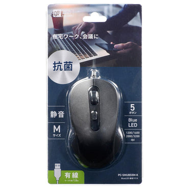 静音ブルーLEDマウス(抗菌/5ボタン/Mサイズ/ケーブル長1.5m/USB Type-A/ブラック)_01-3984_PC-SMUBS5M-K_OHM(オーム電機)
