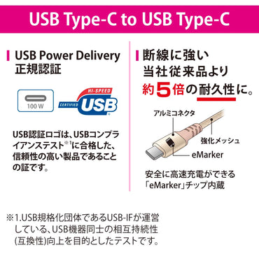 高耐久USBケーブル(Type-C to Type-C/強化メッシュ/アルミコネクタ/PD対応/高速充電/ケーブル1m)_01-7136_SMT-L10TCC-N_OHM(オーム電機)