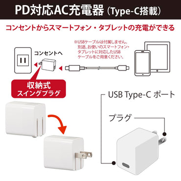 AC充電器(最大出力20Wで急速充電/PD対応/Type-C/収納式プラグ/ホワイト)_01-7171_MAV-AP20W-W_OHM(オーム電機)