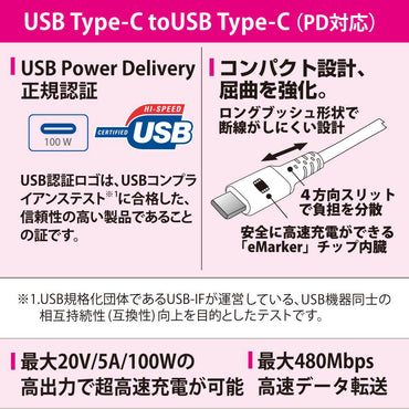 PD対応USBケーブル(100W高出力/Type-C+Type-C/ロングブッシュ/1.5m/4方向スリット/ホワイト)_01-7195_SMT-L15PD-W_OHM(オーム電機)