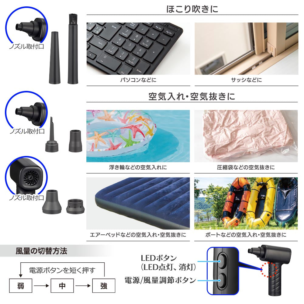 充電式電動エアダスター(風量3段階/LEDライト付/アタッチメント6点付/収納ポーチ付/ブラック)_01-7231_OA-MAD01-K_OHM(オーム電機)