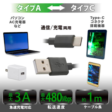 USB2.0ケーブル(Type-A-Type-C/通信・充電両用/最大3A/ケーブル長1m/ブラック)_01-7238_SMT-LC1M-K_OHM(オーム電機)