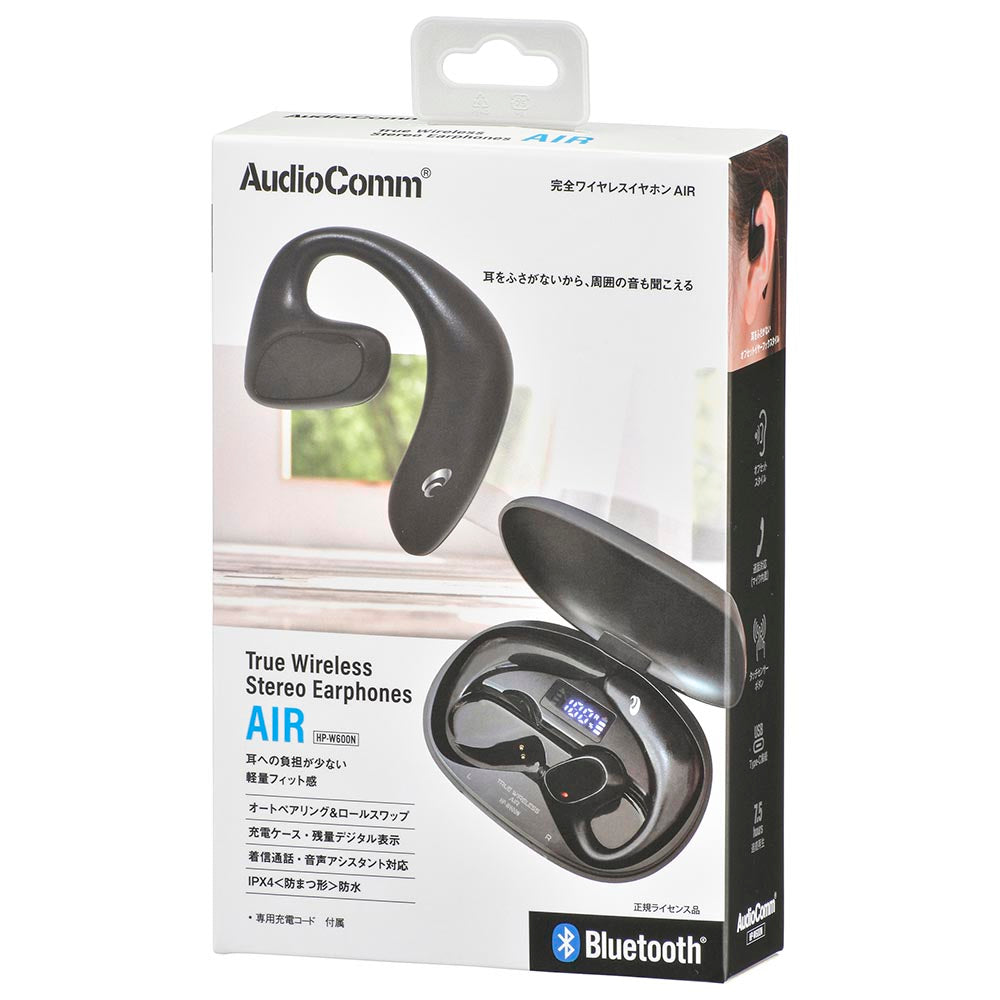 完全ワイヤレスホン(オフセットイヤーフックスタイル/連続再生約7.5時間/防水性能IPX4/ブラック)_03-2252_HP-W600N_OHM(オーム電機)