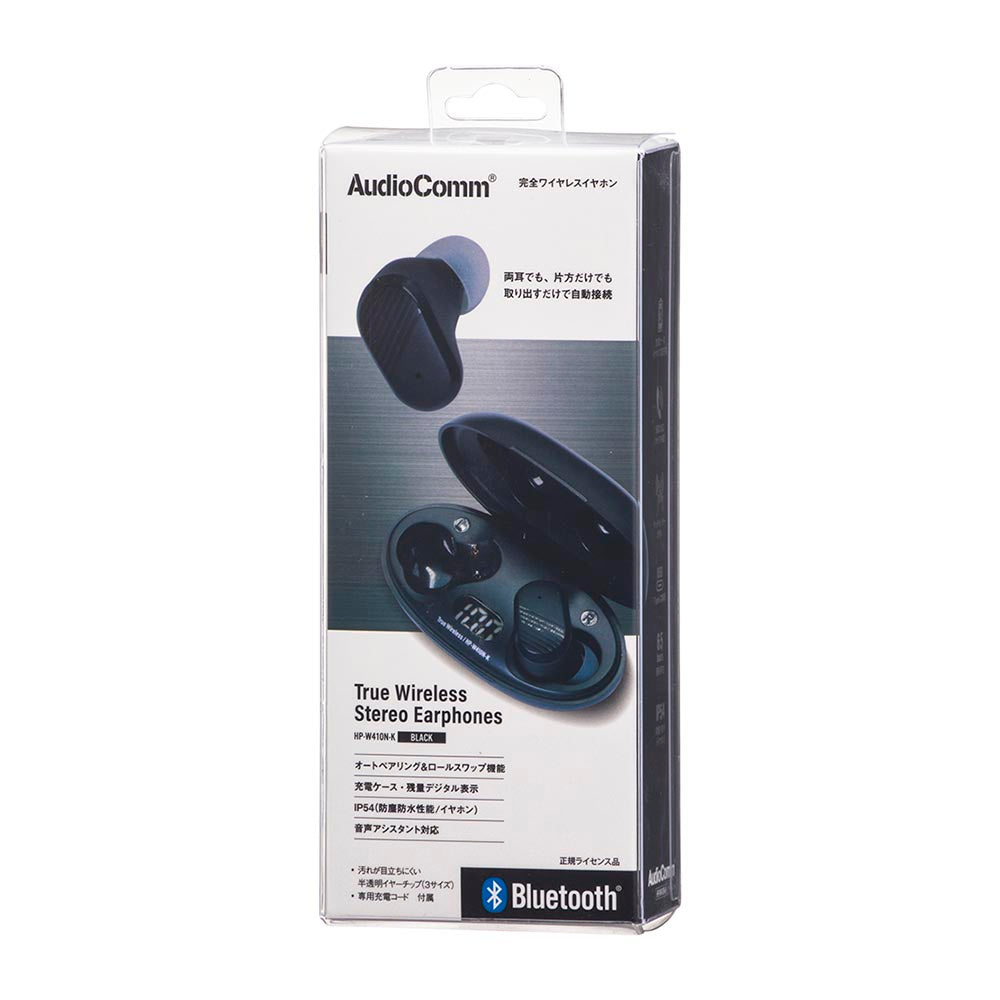 完全ワイヤレスステレオイヤホン(防塵防水性能IP54/残量デジタル表示/Type-C接続/ブラック)_03-2766_HP-W410N-K_OHM(オーム電機)