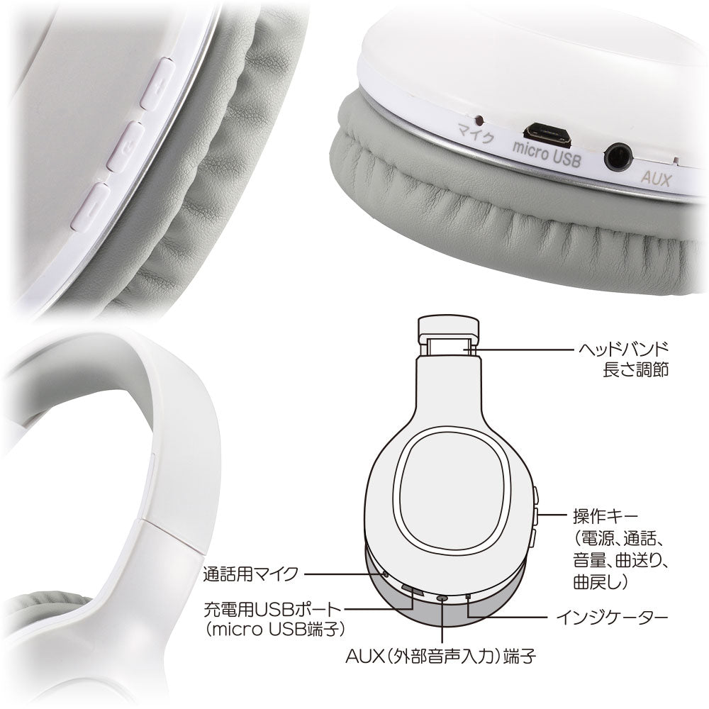 ワイヤレスヘッドホン(Bluetooth/USB充電/スピーカー口径40mm/外部音声入力端子/ホワイト)_03-5051_HP-W265Z-W_OHM(オーム電機)
