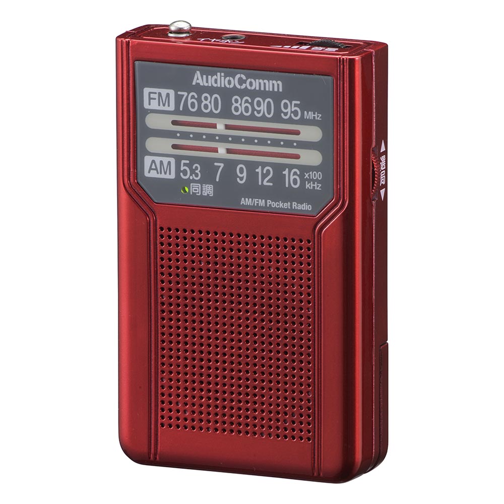 ポケットラジオ(アナログPVC内蔵で電池長持ち154時間/2WAY出力/モノラル受信/ワイドFM/片耳イヤホン付属/単4形×2本使用/レッド)_03-7273_RAD-P136N-R_OHM(オーム電機)