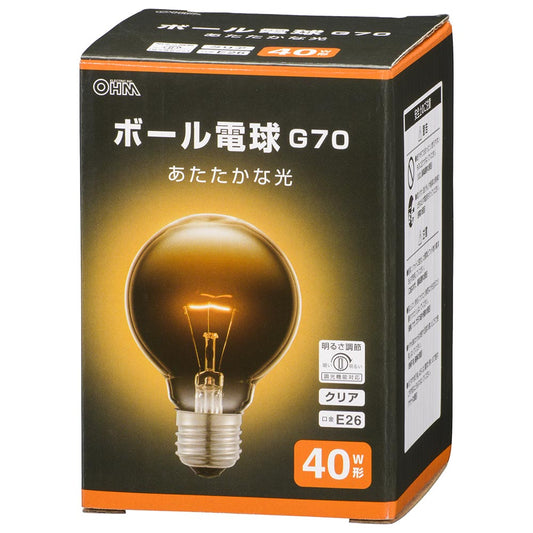 白熱ボール電球(G70/40W形/E26/クリア/450 lm/電球色/調光機能対応)_06-0867_LB-G7640K-CN_OHM(オーム電機)