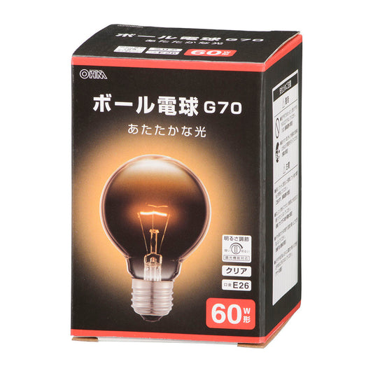 白熱ボール電球(G70/60W形/E26/クリア/750 lm/電球色/調光機能対応)_06-0869_LB-G7660K-CN_OHM(オーム電機)
