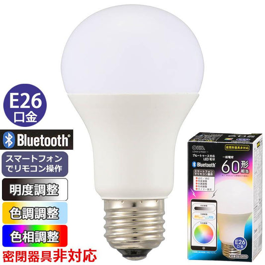 Bluetooth対応LED電球(明度、色調、色相調整/電球色870lm、昼光色920lm/カラー照明:赤色38lm、緑色88lm、青色24lm/E26/広配光)_06-0974_LDA8-G/RGB/I 1_OHM(オーム電機)