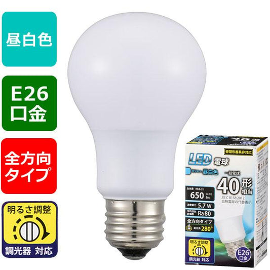 LED電球(40形相当/650 lm/昼白色/E26/全方向280°/調光器対応)_06-1872_LDA6N-G/D G11_OHM(オーム電機)
