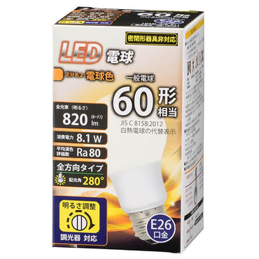 LED電球(60形相当/820 lm/電球色/E26/全方向280°/調光器対応)_06-1873_LDA8L-G/D G11_OHM(オーム電機)