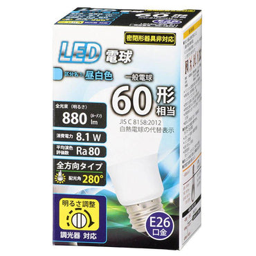 LED電球(60形相当/880 lm/昼白色/E26/全方向280°/調光器対応)_06-1874_LDA8N-G/D G11_OHM(オーム電機)