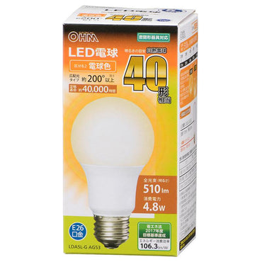 LED電球(40形相当/510lm/電球色/E26/広配光200°/密閉形器具対応)_06-3081_LDA5L-G AG53_OHM(オーム電機)