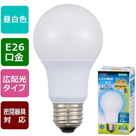 LED電球(40形相当/550lm/昼白色/E26/広配光200°/密閉形器具対応)_06-3082_LDA5N-G AG53_OHM(オーム電機)