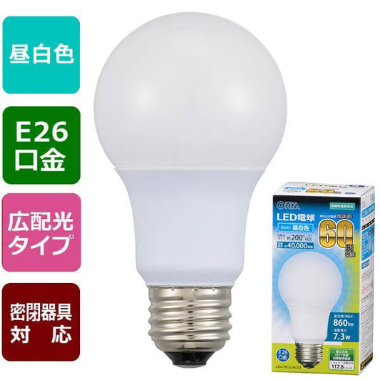 LED電球(60形相当/860lm/昼白色/E26/広配光200°/密閉形器具対応)_06-3084_LDA7N-G AG53_OHM(オーム電機)