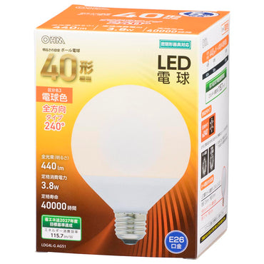LED電球 ボール球形(40形相当/440Lm/3.8W/電球色/E26/全方向配光240°/密閉形器具対応)_06-3161_LDG4L-G AG51_OHM(オーム電機)