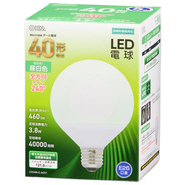 LED電球 ボール球形(40形相当/460Lm/3.8W/昼白色/E26/全方向配光240°/密閉形器具対応)_06-3162_LDG4N-G AG51_OHM(オーム電機)