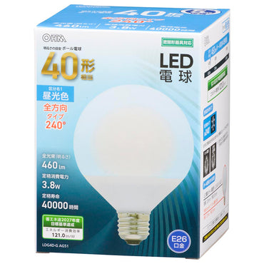 LED電球 ボール球形(40形相当/460Lm/3.8W/昼光色/E26/全方向配光240°/密閉形器具対応)_06-3163_LDG4D-G AG51_OHM(オーム電機)