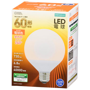 LED電球 ボール球形(60形相当/730Lm/6.8W/電球色/E26/全方向配光240°/密閉形器具対応)_06-3164_LDG7L-G AG51_OHM(オーム電機)