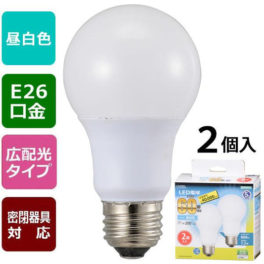 LED電球(60形相当/860lm/昼白色/E26/広配光200°/密閉形器具対応/2個入)_06-3300_LDA7N-G AG53 2P_OHM(オーム電機)