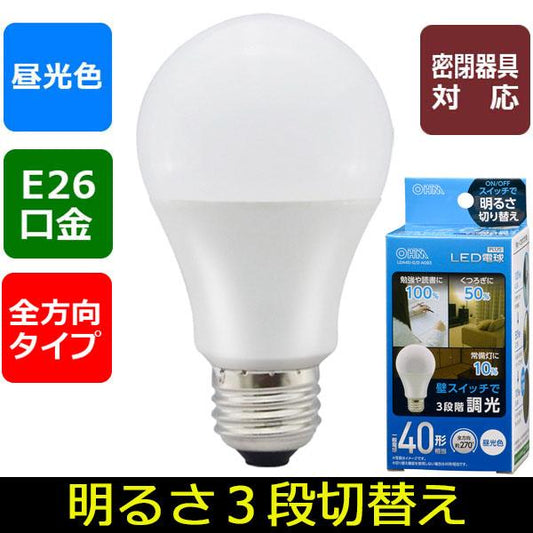 LED電球(40形相当/520lm/昼光色/E26/全方向270°/密閉形器具対応/調光機能付)_06-3424_LDA4D-G/D AG93_OHM(オーム電機)