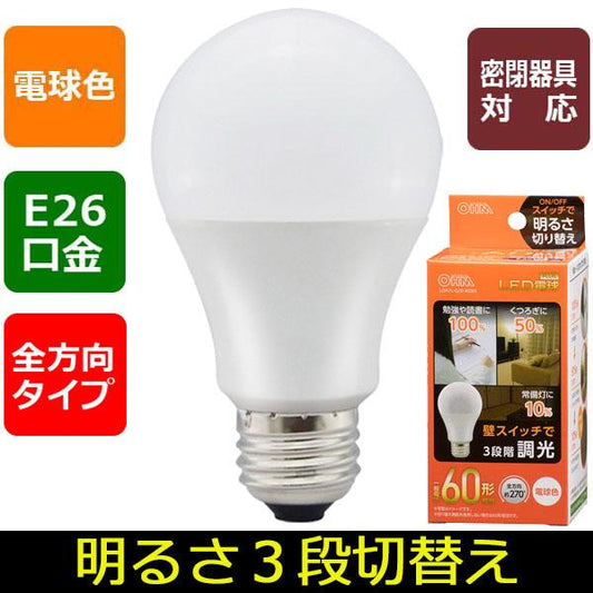 LED電球(60形相当/857lm/電球色/E26/全方向270°/密閉形器具対応/調光機能付)_06-3425_LDA7L-G/D AG93_OHM(オーム電機)