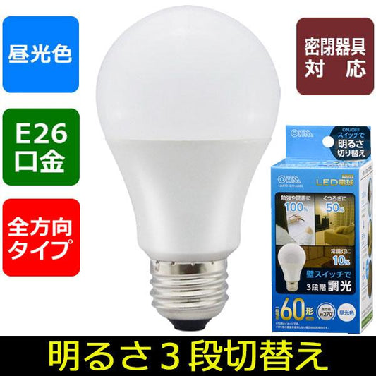 LED電球(60形相当/890lm/昼光色/E26/全方向270°/密閉形器具対応/調光機能付)_06-3426_LDA7D-G/D AG93_OHM(オーム電機)