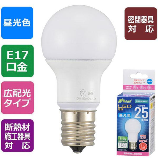 LED電球 小形(25形相当/270lm/昼光色/E17/広配光200°/密閉器具対応/断熱材施工器具対応)_06-3622_LDA2D-G-E17 IH2R1_OHM(オーム電機)