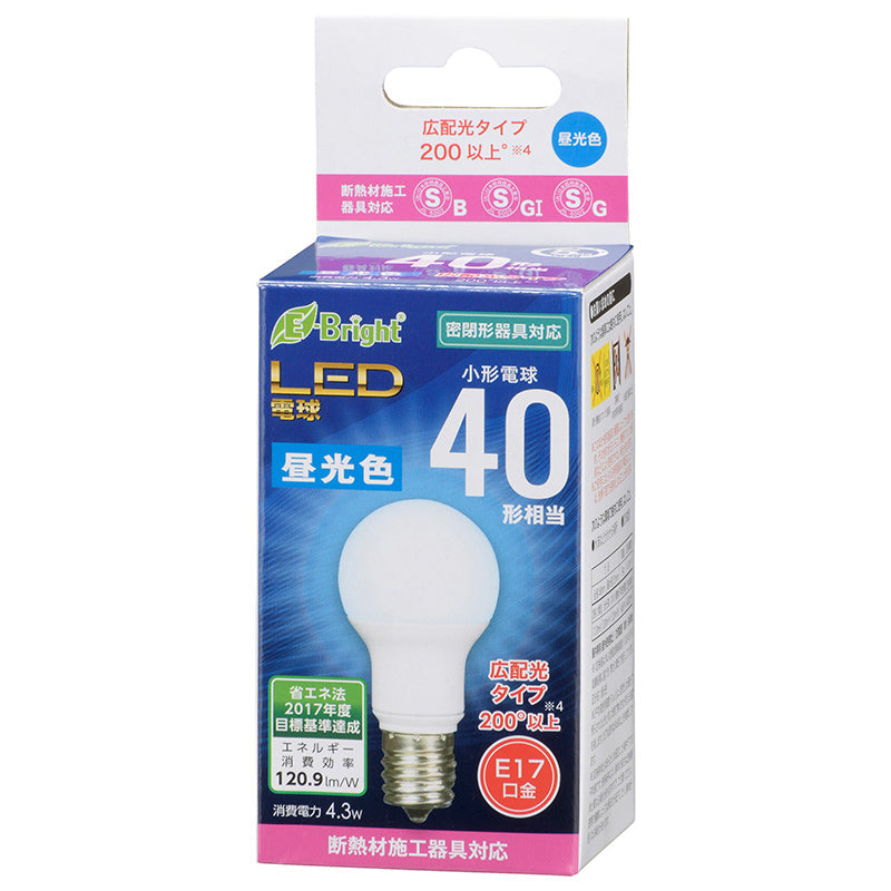 LED電球 小形(40形相当/520lm/昼光色/E17/広配光200°/密閉器具対応/断熱材施工器具対応)_06-3624_LDA4D-G-E17 IH2R1_OHM(オーム電機)