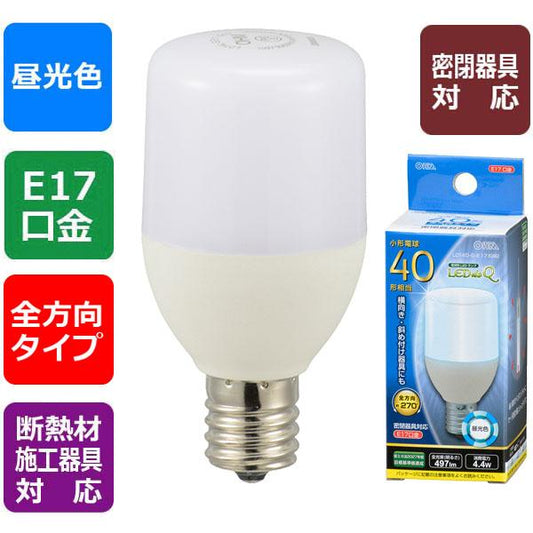 LED電球 T形(小形40形相当/497lm/昼光色/E17/全方向270°/密閉形器具対応/断熱材施工器具対応)_06-3736_LDT4D-G-E17 IG92_OHM(オーム電機)