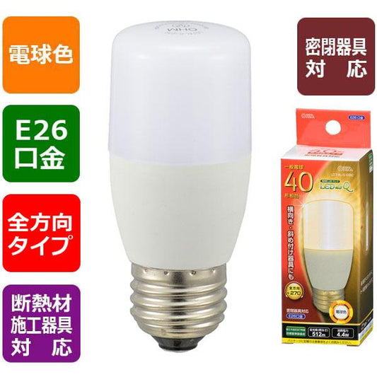 LED電球 T形(40形相当/512lm/電球色/E26/全方向270°/密閉形器具対応/断熱材施工器具対応)_06-3743_LDT4L-G IG92_OHM(オーム電機)