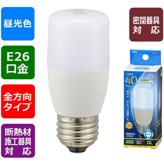 LED電球 T形(40形相当/547lm/昼光色/E26/全方向270°/密閉形器具対応/断熱材施工器具対応)_06-3744_LDT4D-G IG92_OHM(オーム電機)