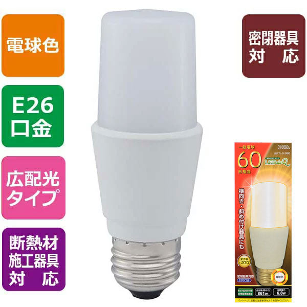 LED電球 T形(60形相当/861lm/電球色/E26/全方向270°/密閉形器具対応/断熱材施工器具対応)_06-3747_LDT7L-G IG92_OHM(オーム電機)
