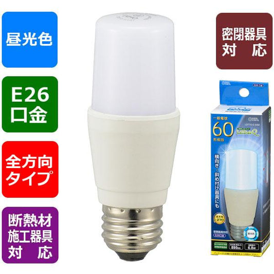 LED電球 T形(60形相当/895lm/昼光色/E26/全方向270°/密閉形器具対応/断熱材施工器具対応)_06-3748_LDT7D-G IG92_OHM(オーム電機)