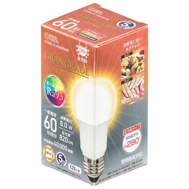 LED電球「GRANGRADE」(60形相当/Ra93/820lm/電球色/E26/全方向配光280°/密閉形器具対応)_06-3861_LDA8L-G AG6/RA93_OHM(オーム電機)