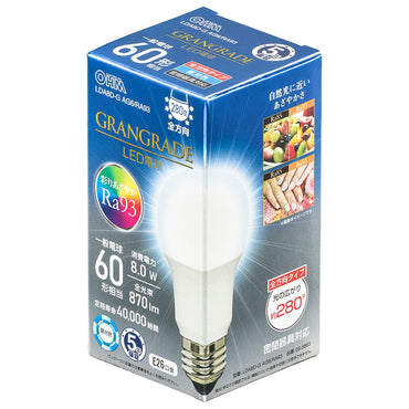 LED電球「GRANGRADE」(60形相当/Ra93/870lm/昼光色/E26/全方向配光280°/密閉形器具対応)_06-3863_LDA8D-G AG6/RA93_OHM(オーム電機)
