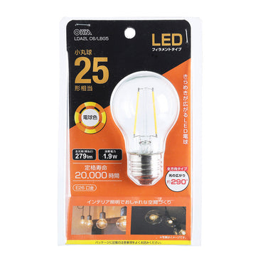 LEDフィラメントタイプ電球 小丸球(25形相当/279 lm/1.9W/電球色/E26/全方向配光290°)_06-3886_LDA2L C6/LBG5_OHM(オーム電機)