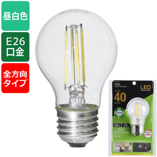 LEDフィラメントタイプ電球 小丸球(40形相当/489 lm/3.4W/昼白色/E26/全方向配光290°)_06-3891_LDA3N C6/LBG5_OHM(オーム電機)