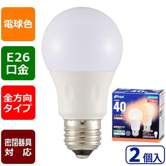 LED電球(40形相当/551lm/電球色/E26/全方向配光260°/密閉形器具対応/2個入り)_06-4349_LDA4L-G AG27 2P_OHM(オーム電機)