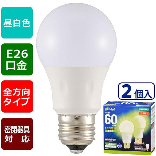 LED電球(60形相当/815lm/6.7W/昼白色/E26/全方向配光260°/密閉形器具対応/2個入り)_06-4353_LDA7N-G AG27 2P_OHM(オーム電機)