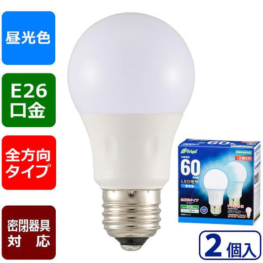 LED電球(60形相当/874lm/昼光色/E26/全方向配光260°/密閉形器具対応/2個入り)_06-4354_LDA7D-G AG27 2P_OHM(オーム電機)