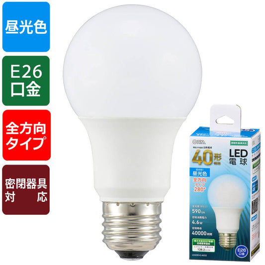 LED電球(40形相当/590lm/昼光色/E26/全方向280°/密閉形器具対応)_06-4456_LDA5D-G AG52_OHM(オーム電機)