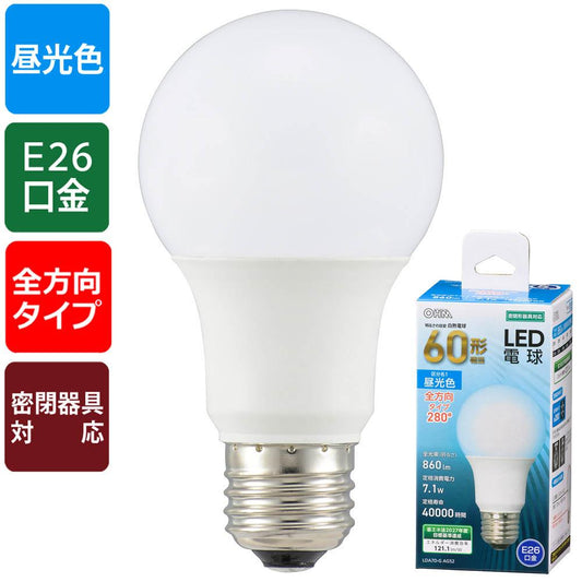 LED電球(60形相当/860lm/昼光色/E26/全方向280°/密閉形器具対応)_06-4459_LDA7D-G AG52_OHM(オーム電機)