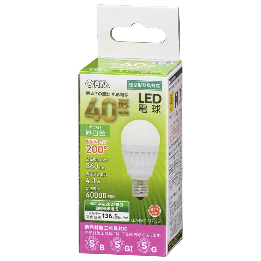 LED電球 小形(40形相当/560lm/昼白色/E17/広配光200°/密閉器具対応/断熱材施工器具対応)_06-4475_LDA4N-G-E17 IS51_OHM(オーム電機)